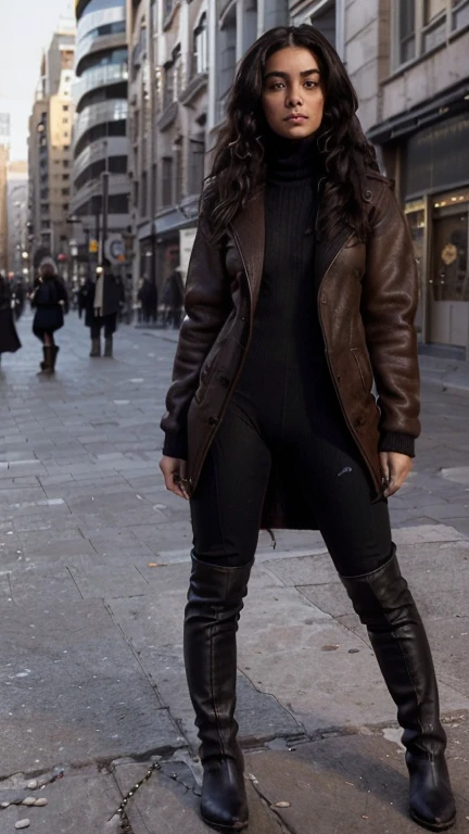 (detailed), (((normal girl))), (Arabic characteristics), ((brown sheepskin jacket)), ((pelo negro rizado free hair)), ((free hair)), (calm face), ((by the width)), ((black high boots)), (((whole body))), ((in the middle of the city leaning on a building), ((women)), (black turtleneck sweater), ((only one person)), (At noon), (((exposed crotch))), ((vagina visible))