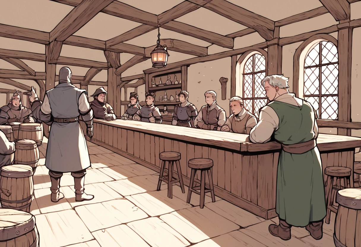 score_9,score_8_up,score_7_up, score_6_up, score_5_up,source_anime, scenery, a bar, medieval tavern, it’s busy, full of people, in a medieval tavern bar, sketchy weird bar, soldiers and criminals at the bar, indoors, dark and creepy tavern, wolf men soldiers at the bar, from above