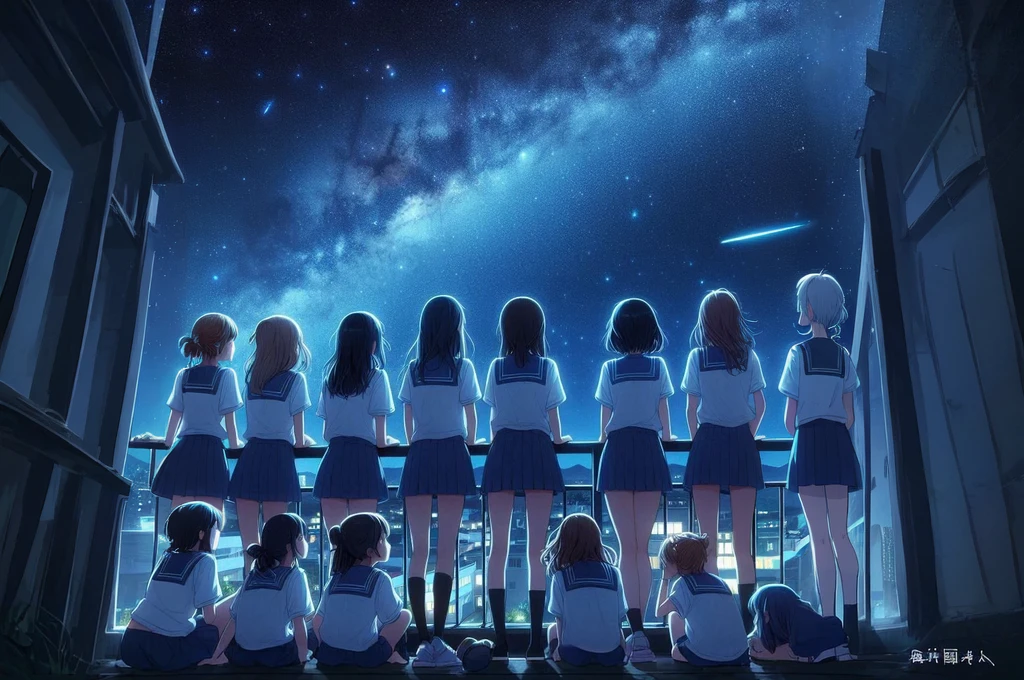 Japanese anime scene。
The rooftop of a dark school with the lights off、summer night、Starry Sky、milky way、Shooting star, several girls{T-Shirts、Shorts}is looking up at the night sky。
