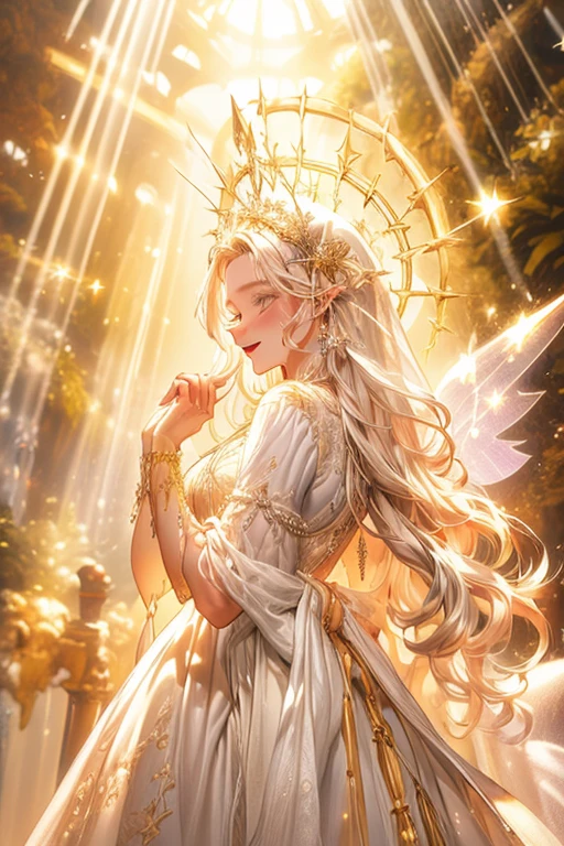 (((obra-prima))), ((melhor qualidade)), (super detalhe), cinematiclight, Colorful fairy in the middle of a snow-white scenery being illuminated by a beam of rainbow light shining her body with a cheerful and amused mood, staring blankly at the viewer, inviting him to dance with her, extending his hand forward