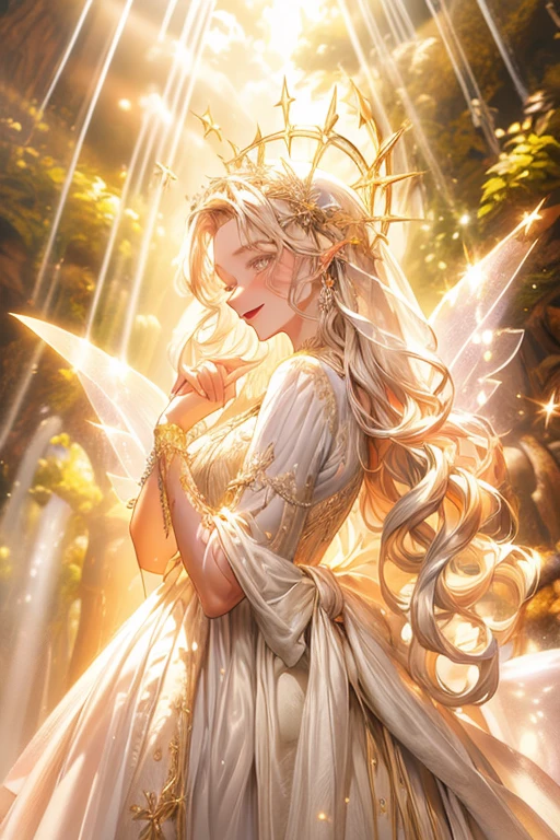 (((obra-prima))), ((melhor qualidade)), (super detalhe), cinematiclight, Colorful fairy in the middle of a snow-white scenery being illuminated by a beam of rainbow light shining her body with a cheerful and amused mood, staring blankly at the viewer, inviting him to dance with her, extending his hand forward