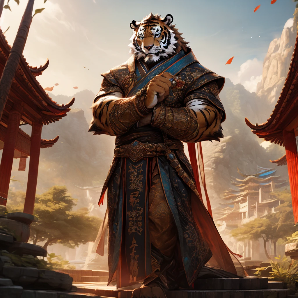 a muscular tiger in a long robe, standing on a floating island in the sky, a taoist monastery in the background, traditional chinese architecture, wuxia, fantasy, cinematic lighting, dramatic pose, (best quality,4K,8k,highres,masterpiece:1.2),ultra-detailed,(realistic,photorealistic,photo-realistic:1.37)Muscular tiger holding a sword,The background is an ancient family sect,Luxurious and magnificent