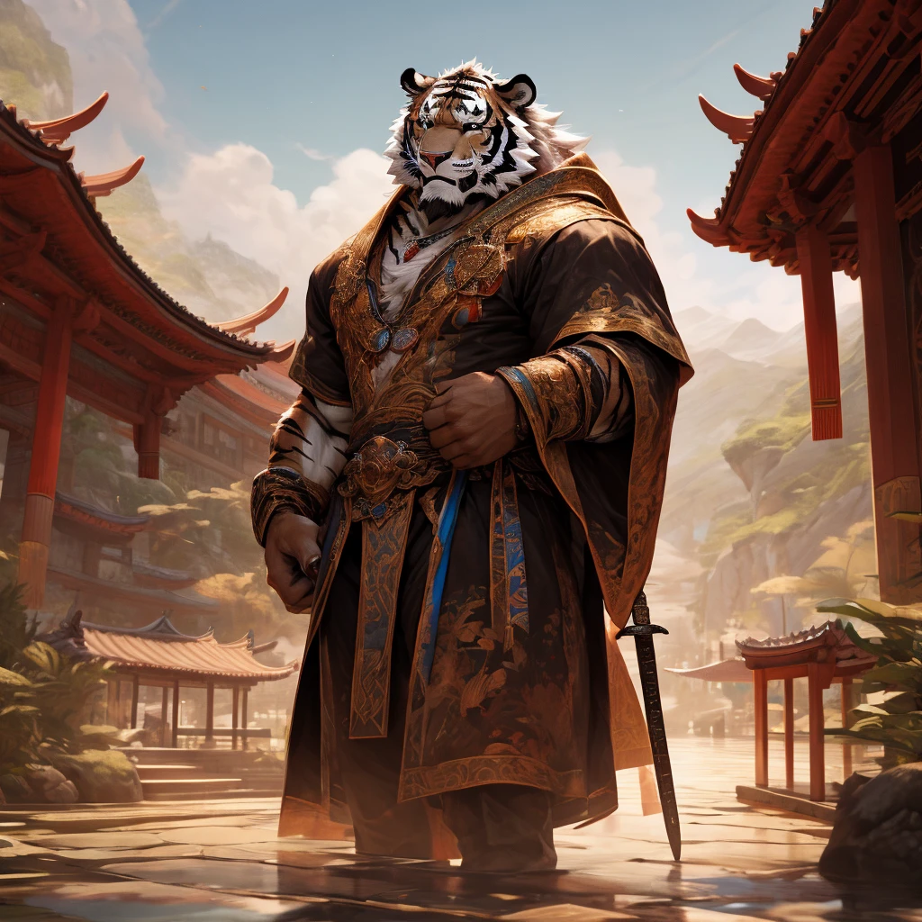 a muscular tiger in a long robe, standing on a floating island in the sky, a taoist monastery in the background, traditional chinese architecture, wuxia, fantasy, cinematic lighting, dramatic pose, (best quality,4K,8k,highres,masterpiece:1.2),ultra-detailed,(realistic,photorealistic,photo-realistic:1.37)Muscular tiger holding a sword,The background is an ancient family sect,Luxurious and magnificent