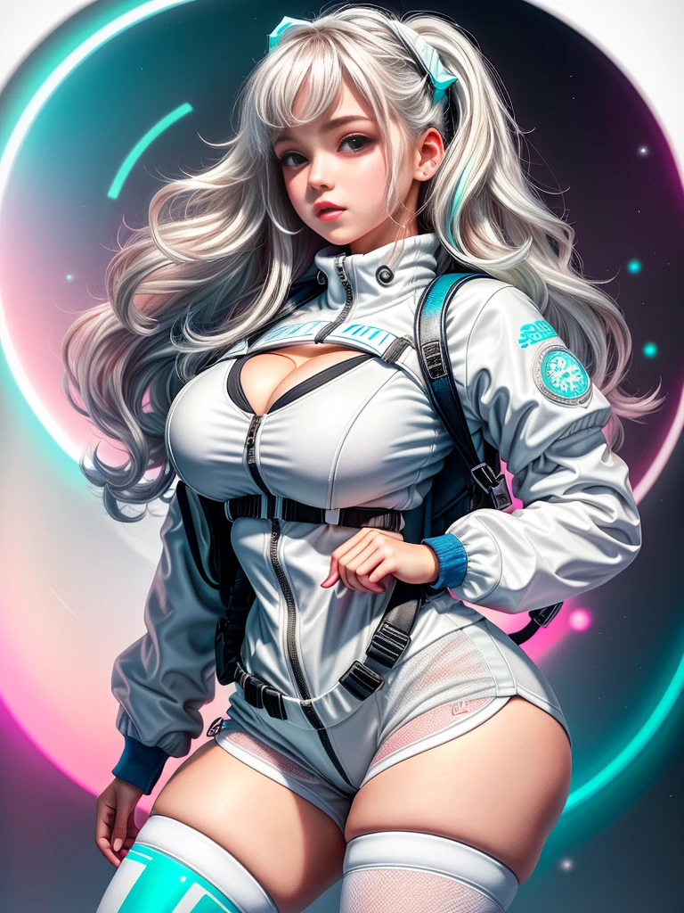 teens girl、white,totally white,Pastel colors,Girl in techwear clothes,A sexy,circular shapes on background、Cyber City、thighs thighs thighs thighs、cleavage of the breast