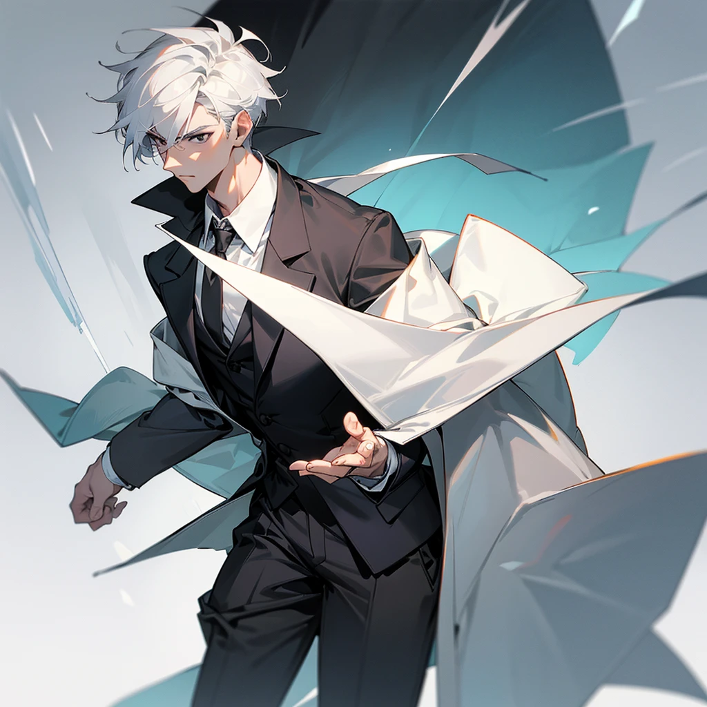 Handsome and masculine adult, with a gallant and elegant bearing, with short white hair, square face, Height of 1.90, black eyes and a cold look, dressed in a white t-shirt and a black trench coat on top