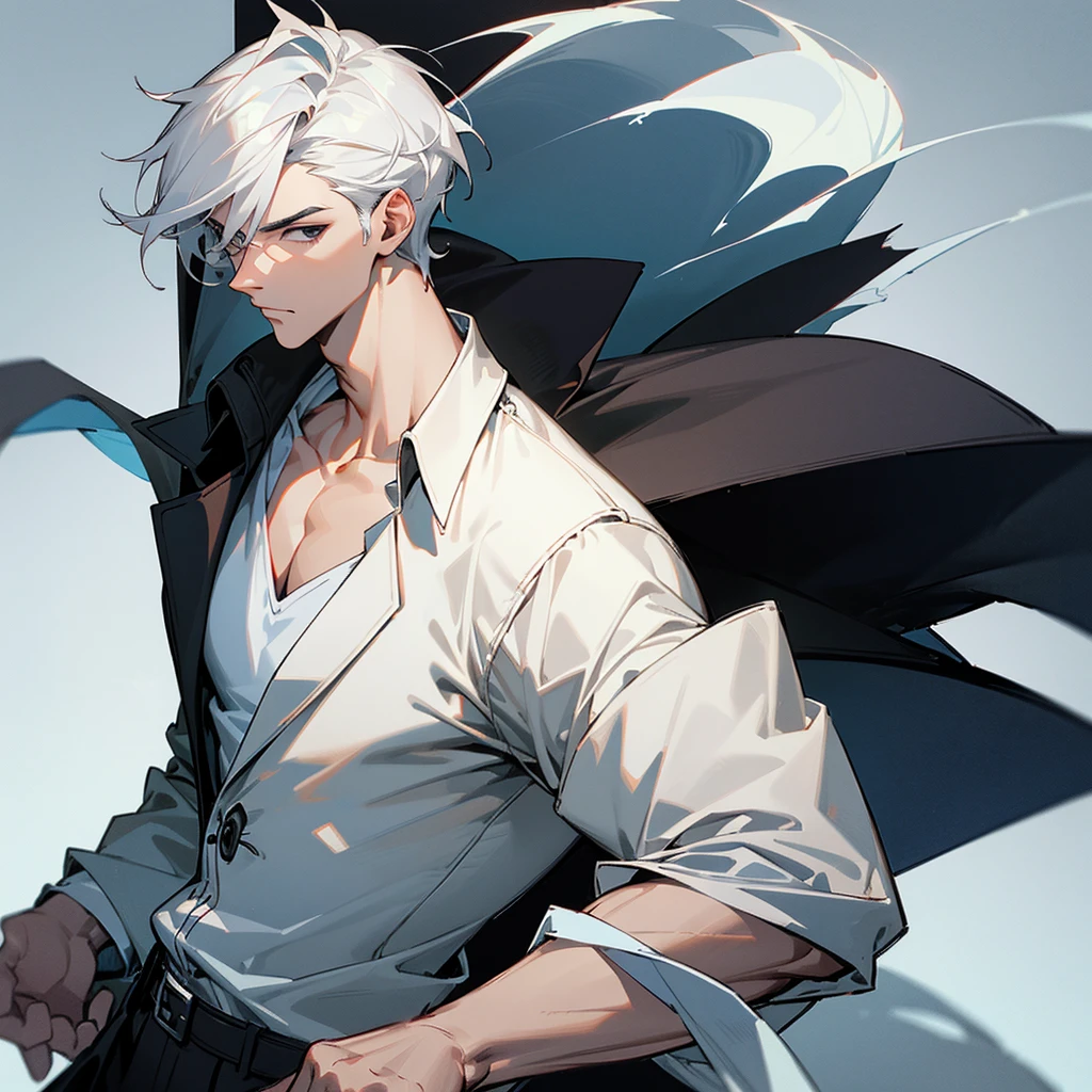 Handsome and masculine adult, with a gallant and elegant bearing, with short white hair, square face, Height of 1.90, black eyes and a cold look, dressed in a white t-shirt and a black trench coat on top