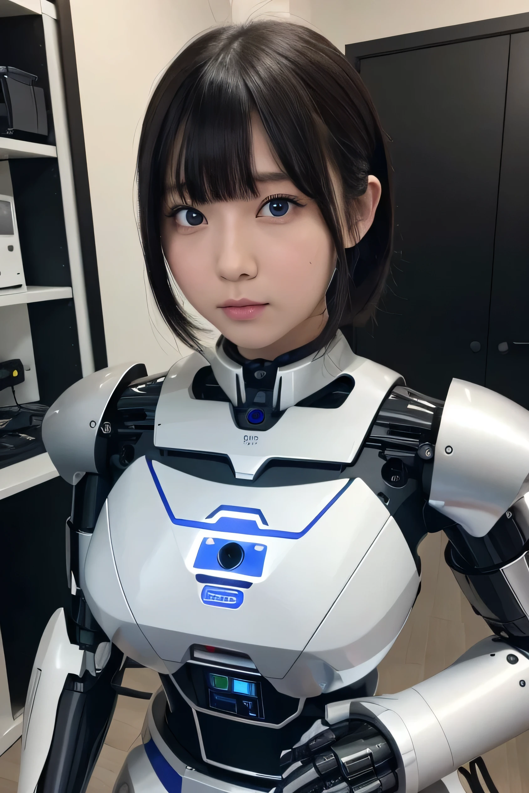 masterpiece, best quality, extremely detailed, Japaese android girl,portrait,Plump,a bit chubby,control panels,android,Droid,Mechanical Hand, Robot arms and legs, Black hair,Blunt bangs,perfect robot girl,long tube,thick cable connected her neck,android,robot,humanoid,cyborg,japanese cyborg girl ,robot-assembly plant,She is assembling now,assembly scene,blue eyes,chest monitor