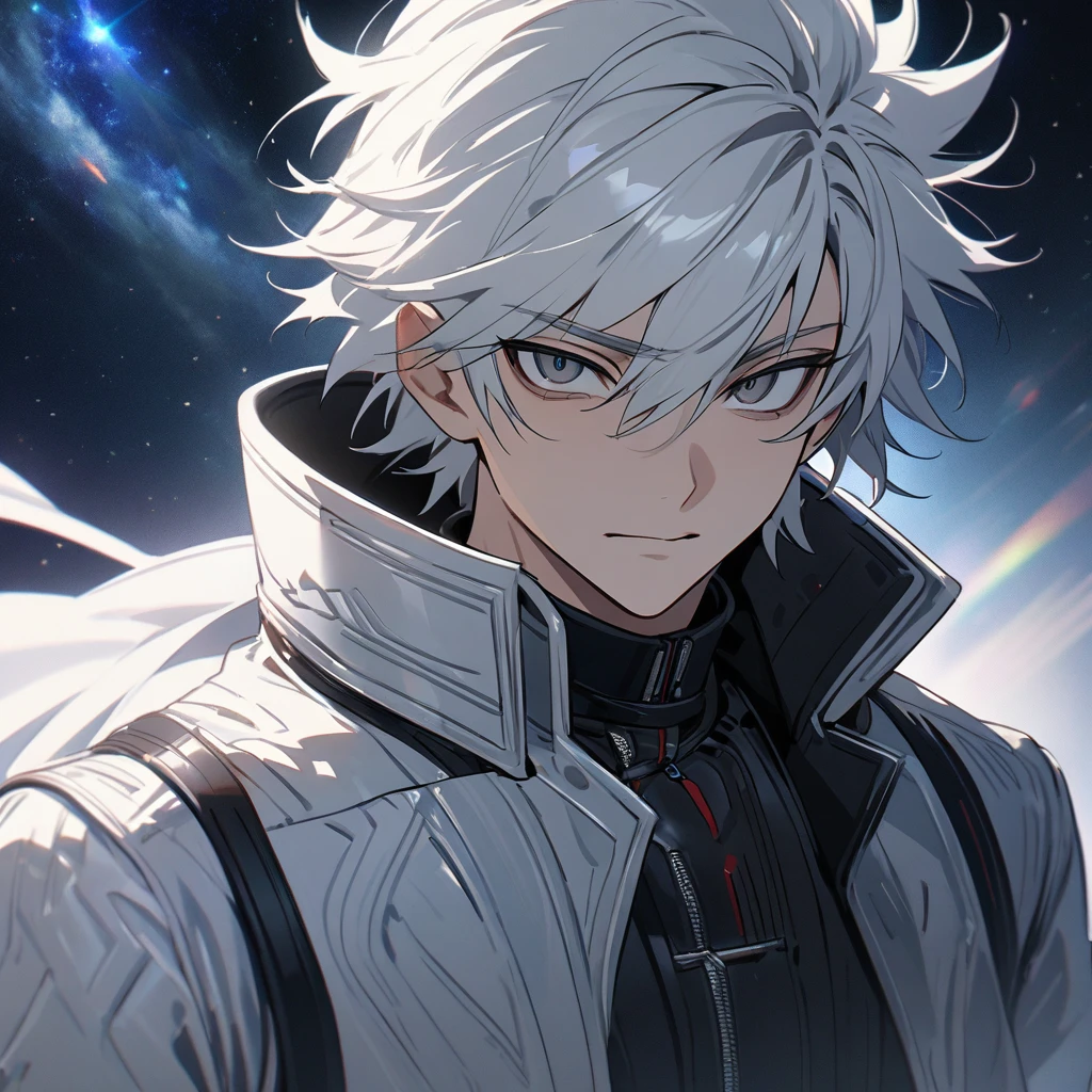 High quality, HD, 4k, no shadows, handsome male, 1male, 17 years old, teenager, short white hair, silver hair, white hair, sharp eyes, dark grey colored eyes, deep grey eyes, grey eyes, devil may cry, close up, calm expression, stoic expression, black leather clothes, white leather clothing, lean body, well trained body, upper body, looking at viewer, cowboy shot, white solar, space background