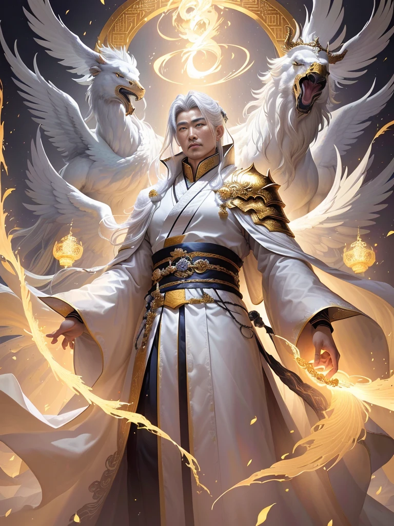 Digital picture of a man,Surrounded by golden dragons,God Emperor,Emperor author:Yang J, God concept art, Huang Shen, flowing white robe, White-haired deity, author Zeng Jing, by Feng Zhu, Li Song, author:Zhao Yuan, Human God Emperor, author:Ju Chao, author Bayard Wu, by Qu Leilei