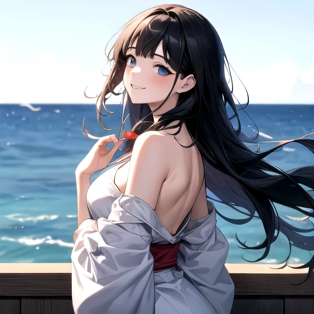 Beautiful Japanese、Wide, droopy eyes、Fair and clear skin、Naked and facing backwards、Looking back, beautiful smile、On the boat、Hair blowing in the wind、Clear blue sky、Age 25、Thin eyebrows、Idol、Large Breasts、Transparent sea、horizon、Beautiful shoulder blade