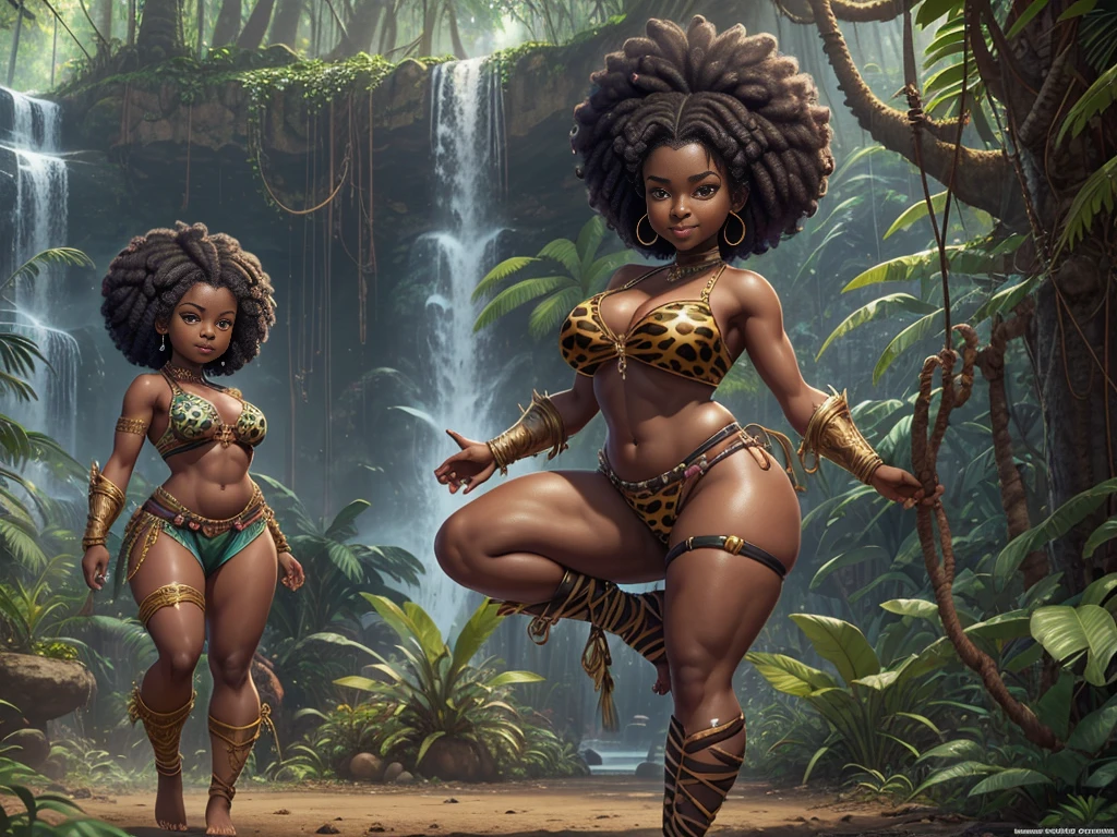 HD, dark skinned, young female, age 18, humanoid, honey, black afro hair, Jackie Parris, ((((Jackie Parris)))), full body cgsociety, 3d character art, full character body, detailed full body concept, stylized character, erotica, ((young girl, 1girl, age 18)), ((complex detailed background, jungle, outside)), erotica, full body, sexy, loincloth, barefoot, wide hips, jungle, thicc body, thicc, chubby, wide hips, small breasts, amazon, action pose, single character, pink leopard print, waterfall, smiling