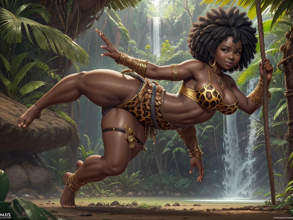 HD, dark skinned, young female, age 18, humanoid, honey, black afro hair, Jackie Parris, ((((Jackie Parris)))), full body cgsociety, 3d character art, full character body, detailed full body concept, stylized character, erotica, ((young girl, 1girl, age 18)), ((complex detailed background, jungle, outside)), erotica, full body, sexy, loincloth, barefoot, wide hips, jungle, thicc body, thicc, chubby, wide hips, small breasts, amazon, action pose, single character, pink leopard print, waterfall, smiling