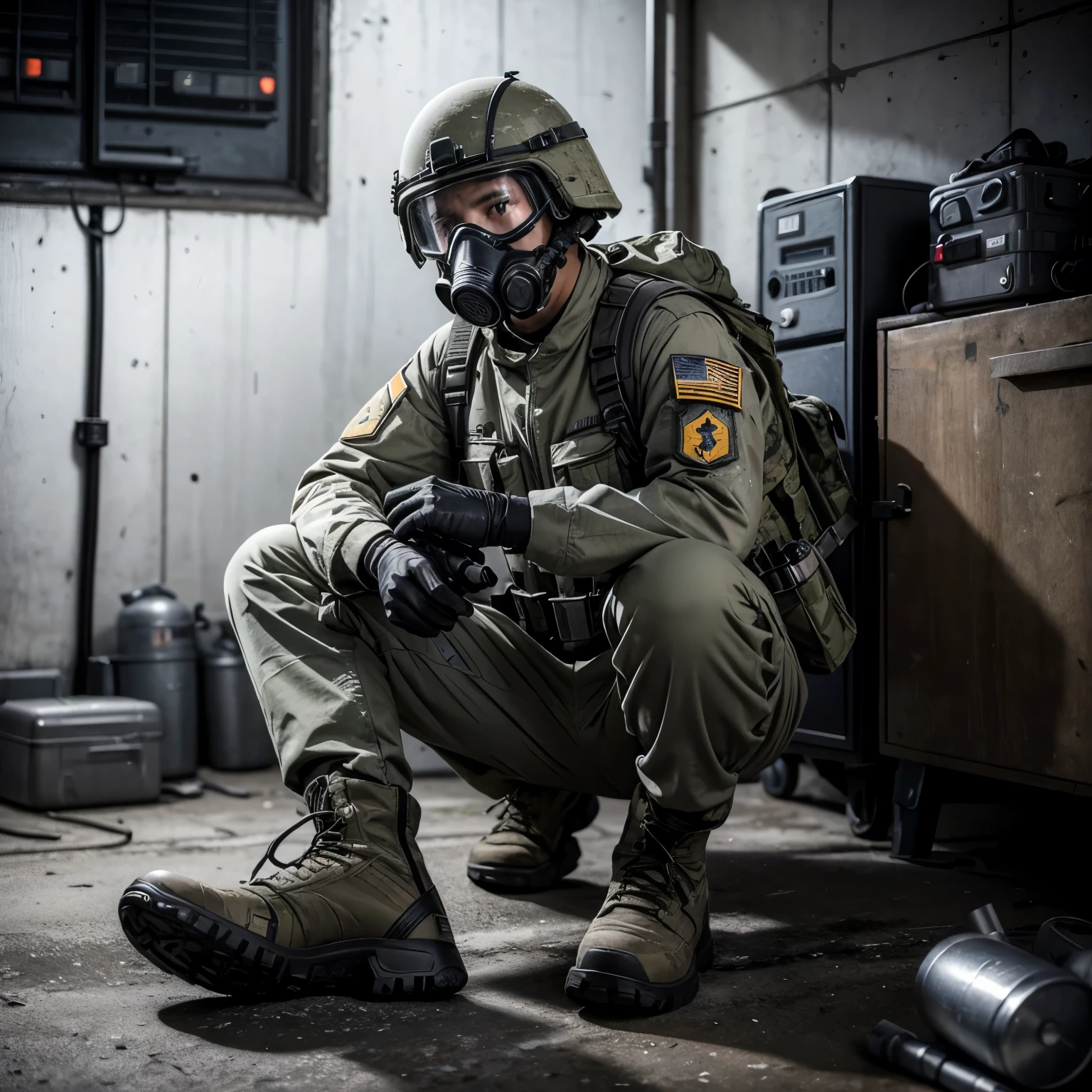 Soldier in gray uniform, ballistic helmet, military boots, military equipment (grenades, pistol, knife, radio) and harmful gas mask