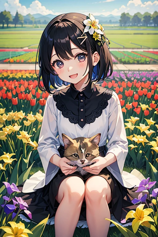 Highest quality、Black Hair、Iris、short hair、girl、cute、16 years old、、Small hair ornament、1 person、cuteワンピース、Tulip fields behind、A happy look、