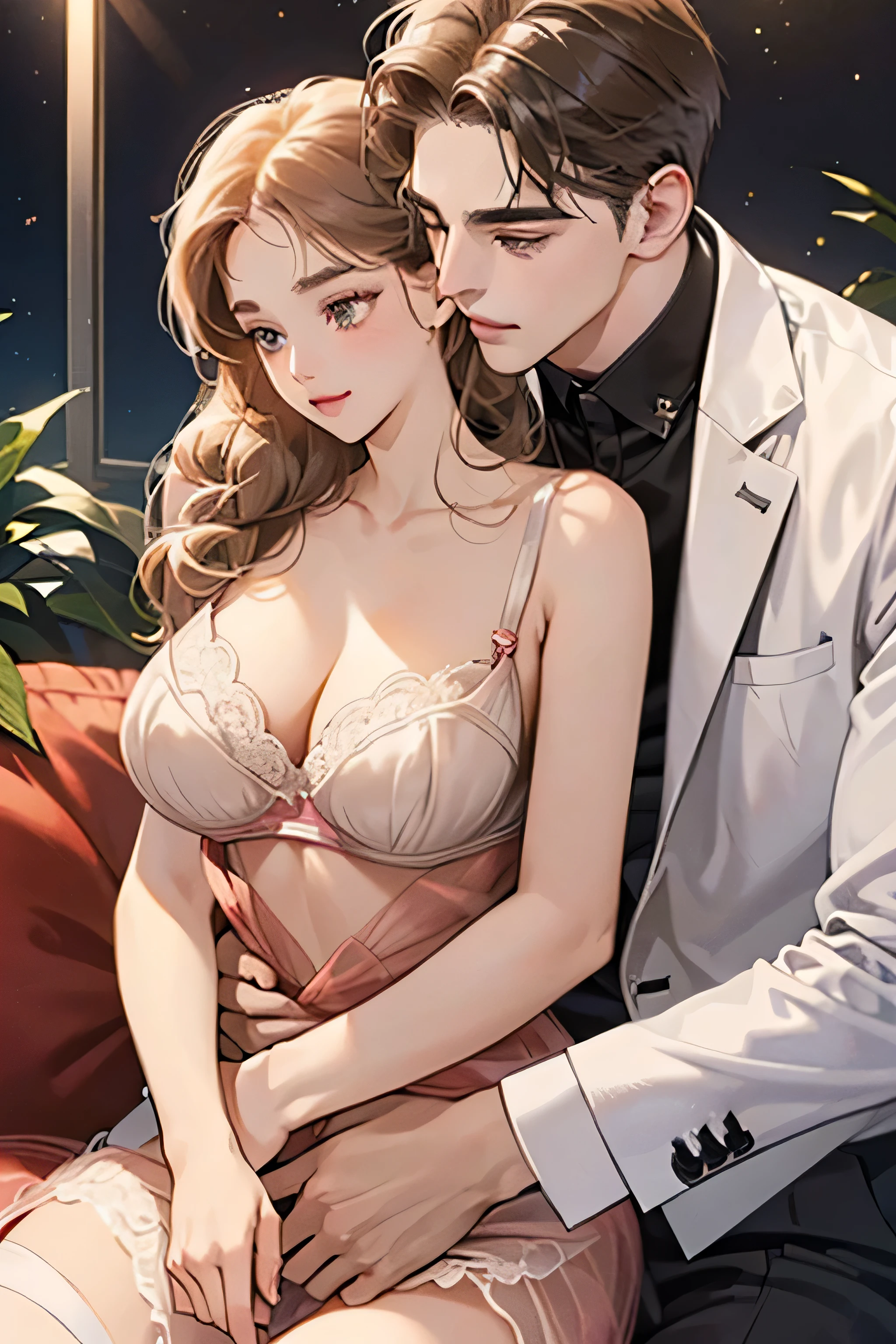 (table top, digital illustration, 4k, 8k, Super detailed, beautiful images, clear image, perfect face, perfect lines, perfect eyes, soft lighting) 1 female, (light brown hair,chignon hair,innocent look,droopy eyebrows,droopy eyes、with bra, With a round face,round chin、innocence,cute,Big eyes,natural makeup,smile gently,E cup,23 years old:1.3),Two handsome men in suits, (human,man in suit,muscular,solid shoulder width, boyish hairstyle,A man in his 30s with a cool expression,28 year old man with a bright smile:1.2),garden full of light、lots of flowers、Squirting、colorful flower light,(embarrassing,shy smile:1.2),resort sofa, sex kiss、カップルkiss、romance porn、sex position, couple of man and woman hugging each other、semi naked, having sex, lie down