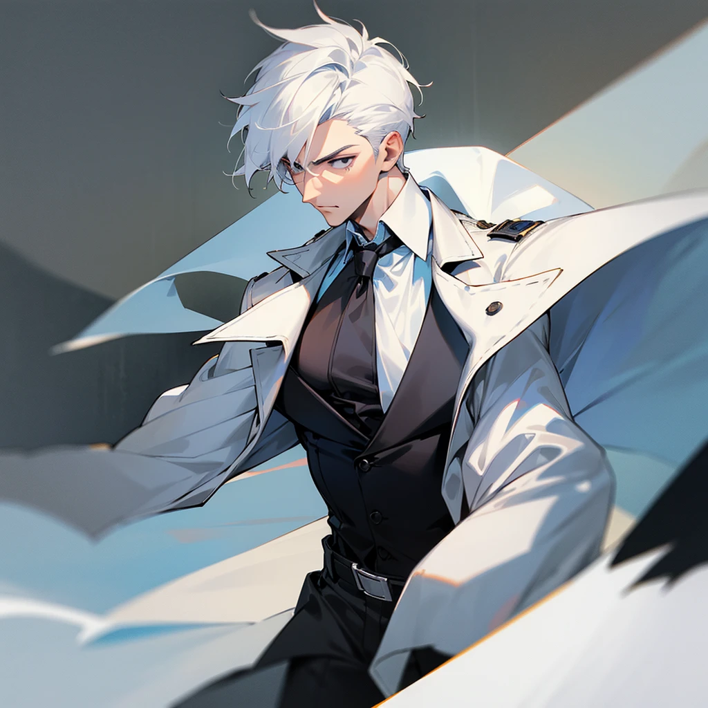 Handsome and masculine adult, with a gallant and elegant bearing, with short white hair, square face, Height of 1.90, black eyes and a cold look, dressed in a white t-shirt and a black trench coat on top