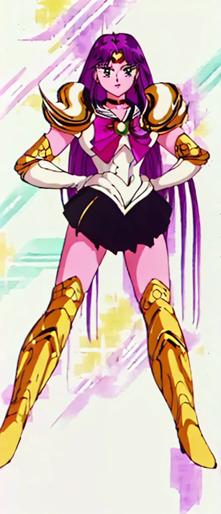 masterpiece, Highest quality, (One girl), sailor moon outfit, ar13smucdzt, shoulder_armor decoration, Purple long hair, Sailor Warrior Uniform, Golden gauntlet, Golden greave, forehead, Large gold horns on shoulders, big, beautiful green eyes. Big eyes. Detailed facial features. かなり長いPurple Hair. Purple Hair. Purple straight hair. Tied Hair at back. Tied Hair, Straight hair, ((Eyebrowless))