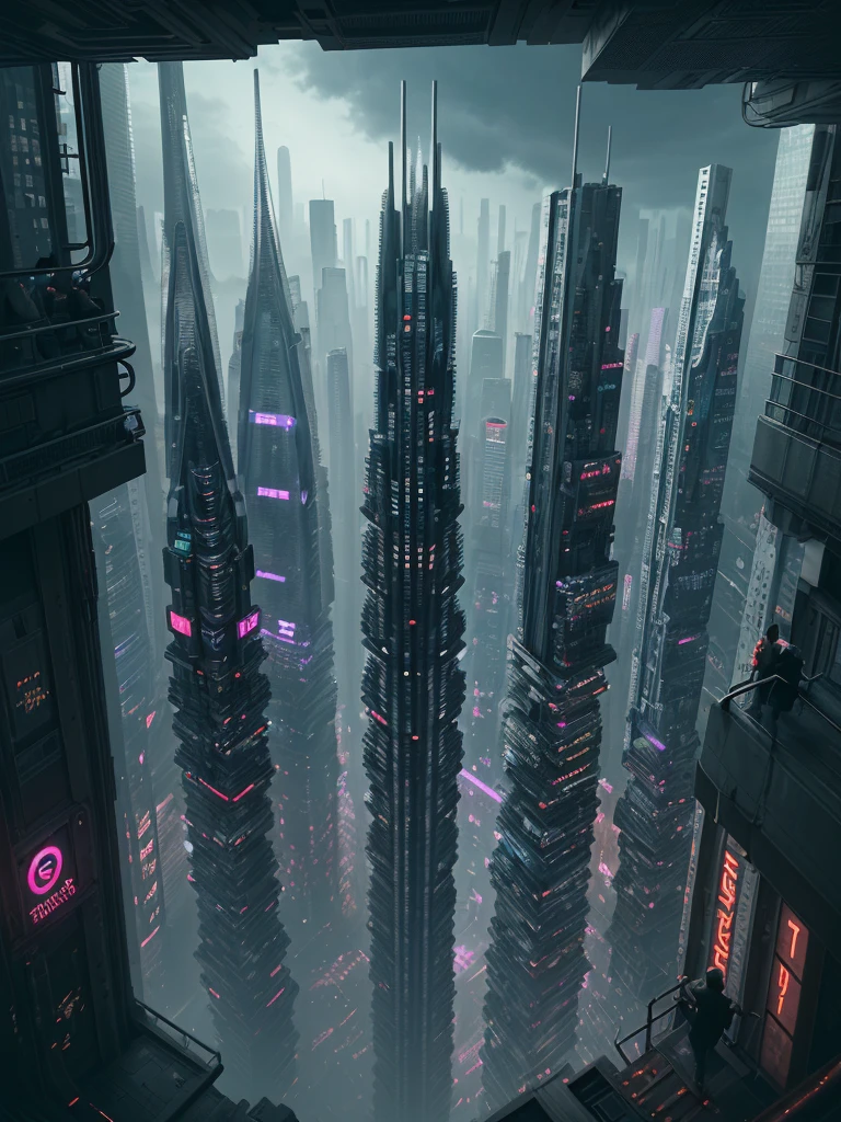 Create an image featuring a person standing at the edge of a platform, looking down into a deep, vertical cityscape that extends far below. The city should be densely packed with futuristic buildings, pipes, and neon lights, creating an intricate network that fades into a glowing center at the bottom. The atmosphere should be moody and cyberpunk-inspired, with a sense of vastness and depth.