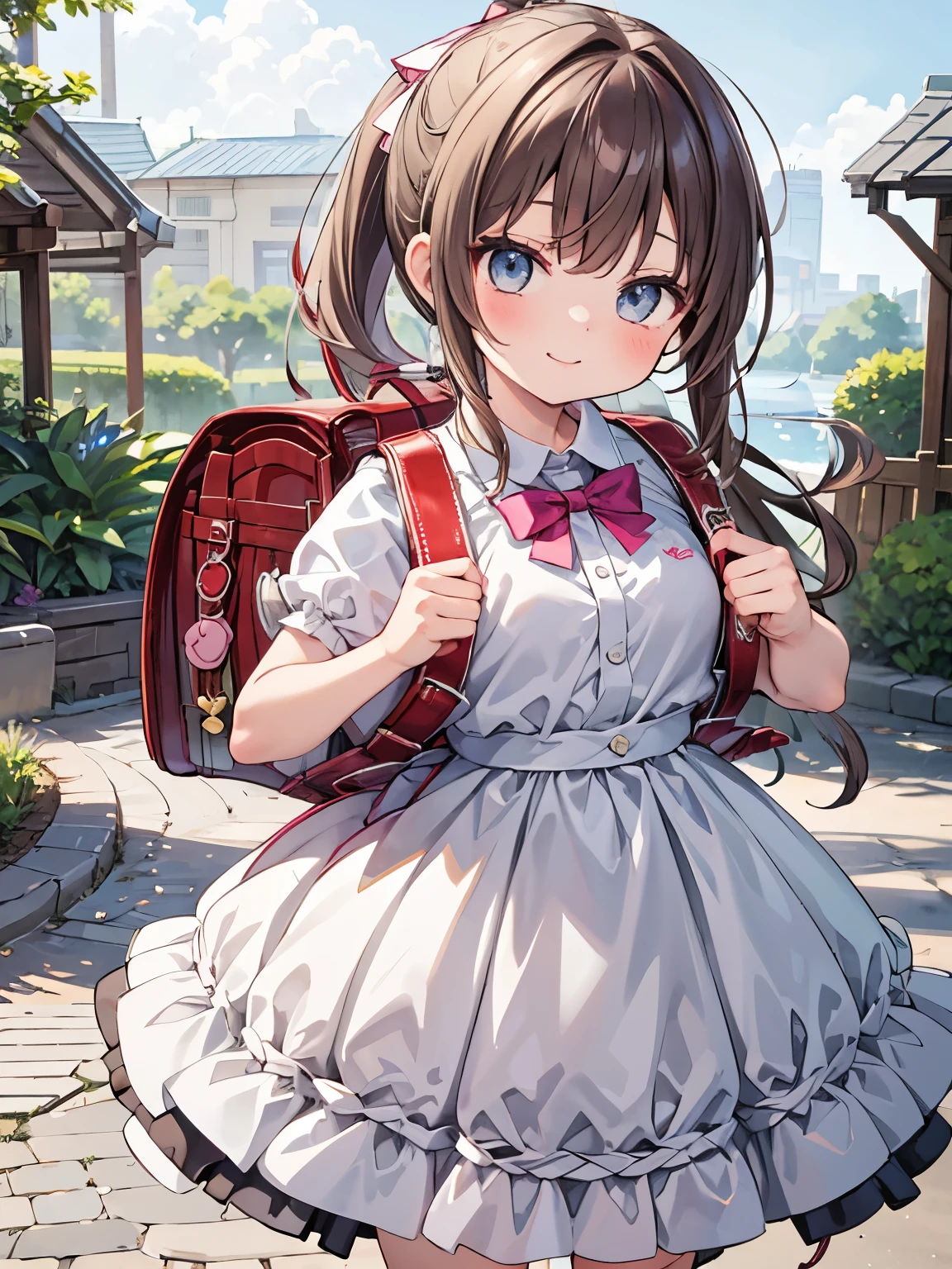 Masterpiece, hd, 1girl, brown hair, ponytail, hair ribbon, wearing cute dress, frilled dress, dress, bowtie, standing, outdoor, smile, wearing randoseru backpack,(randoseru backpack:1.2)