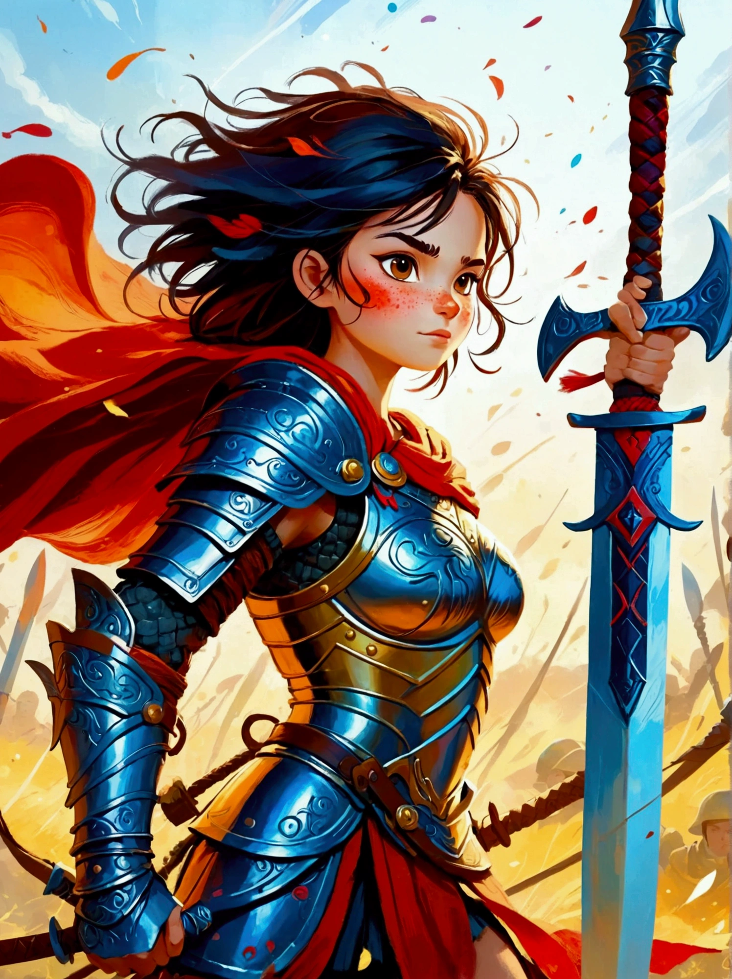 Create a digital painting that portrays a brave warrior, symbolizing the battle of health. Use bold and vibrant colors to enhance the whimsical and vivacious feel, typical of children's design. The warrior should be seen in dynamic poses, drawing inspiration from comic books. The painting should embody the essence of perseverance and strength with energetic brushstrokes. Remember to capture the child-friendly design and translate it into the language of a brave warrior fighting their battle, thus making health an accessible concept to the young.