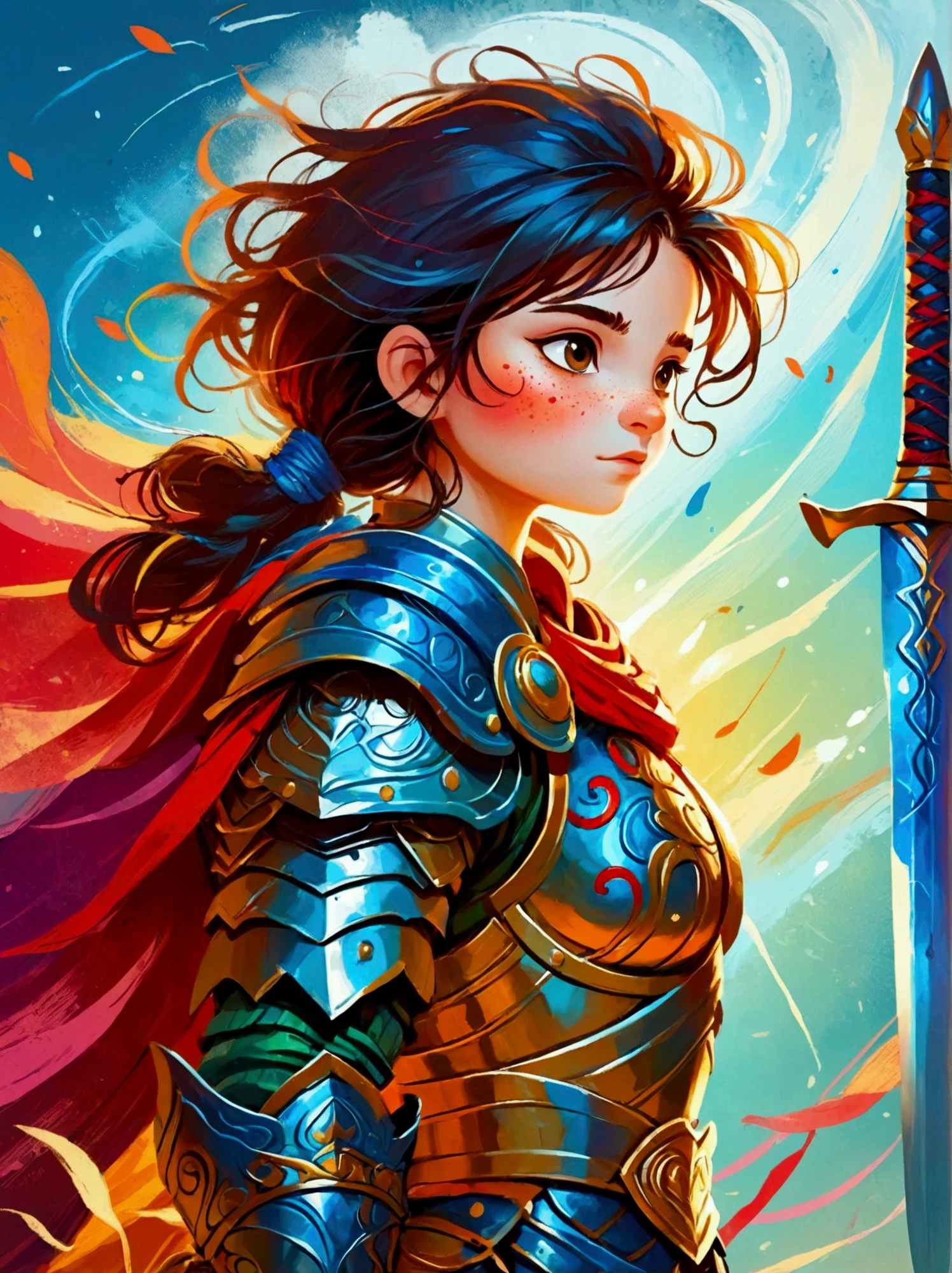 Create a digital painting that portrays a brave warrior, symbolizing the battle of health. Use bold and vibrant colors to enhance the whimsical and vivacious feel, typical of children's design. The warrior should be seen in dynamic poses, drawing inspiration from comic books. The painting should embody the essence of perseverance and strength with energetic brushstrokes. Remember to capture the child-friendly design and translate it into the language of a brave warrior fighting their battle, thus making health an accessible concept to the young.