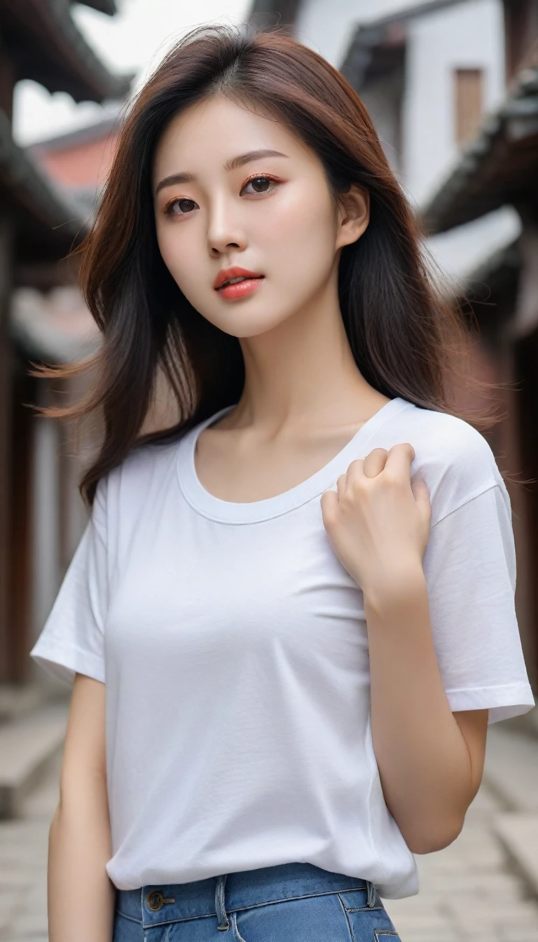 Close-up photo of a very beautiful Korean woman, Chest size 34 inches, Wear a T-shirt, in the old city, UHD