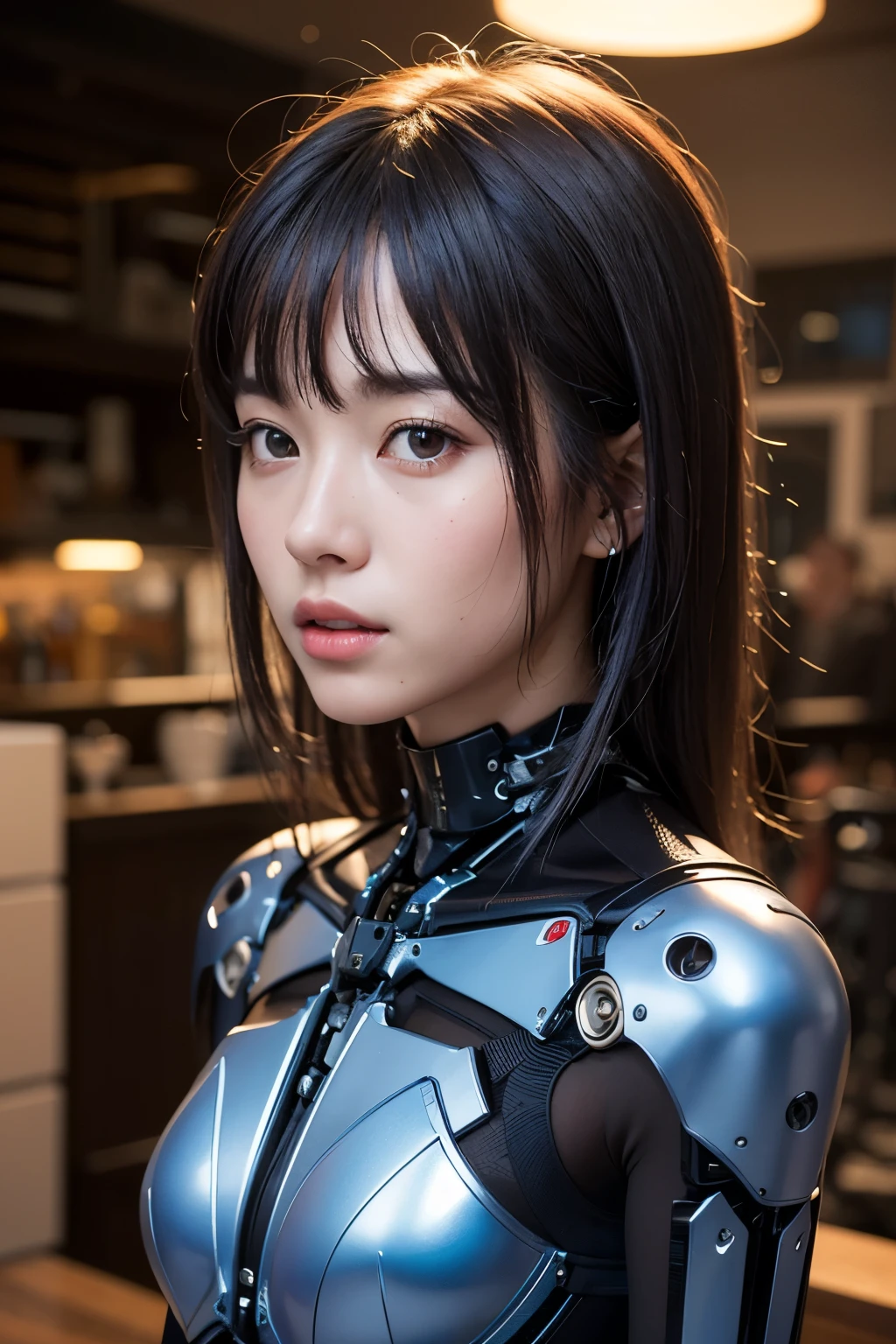 ((Highest quality)), ((masterpiece)), (detailed), One girl, セクシーHighest quality:1.2), 8k, High resolution, Octane Rendering, (masterpiece), 非常に超detailed, Japanese women become cyborgs, Very cute face, , Skinny body, Flat Chest, (Blue metallic mechanical frame:1.5), (The power cable is routed throughout the body.), detailedアップ, Instead of hair, A cable extends from it, Mechanical fusion, Machine skeleton, Biomechanics, Mechanical life forms, 非常に複雑なdetailed, Extremely realistic texture, Human-like skin, Realistic hair, ultra Realistic details, Professional Lighting, (Realistic:1.4), (RAW Photos:1.2), (photoRealistic:1.37)