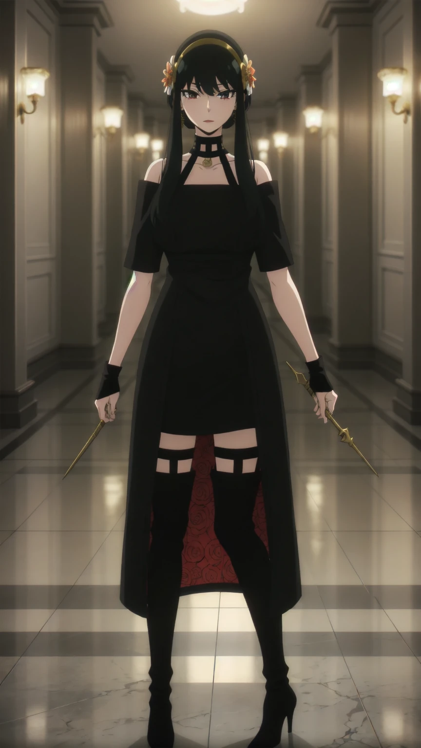 View your viewers,alone,
Yoforger,One girl,
Long hair short hair,
Gold hair band,Hair Flower,
Black choker,
Black Dress,No sleeve,Off the shoulder,
Fingerless gloves,
Black footwear,thigh-high heel boots,
Holding a dagger,
indoor,indirect lighting,corridor,Finding_stance,