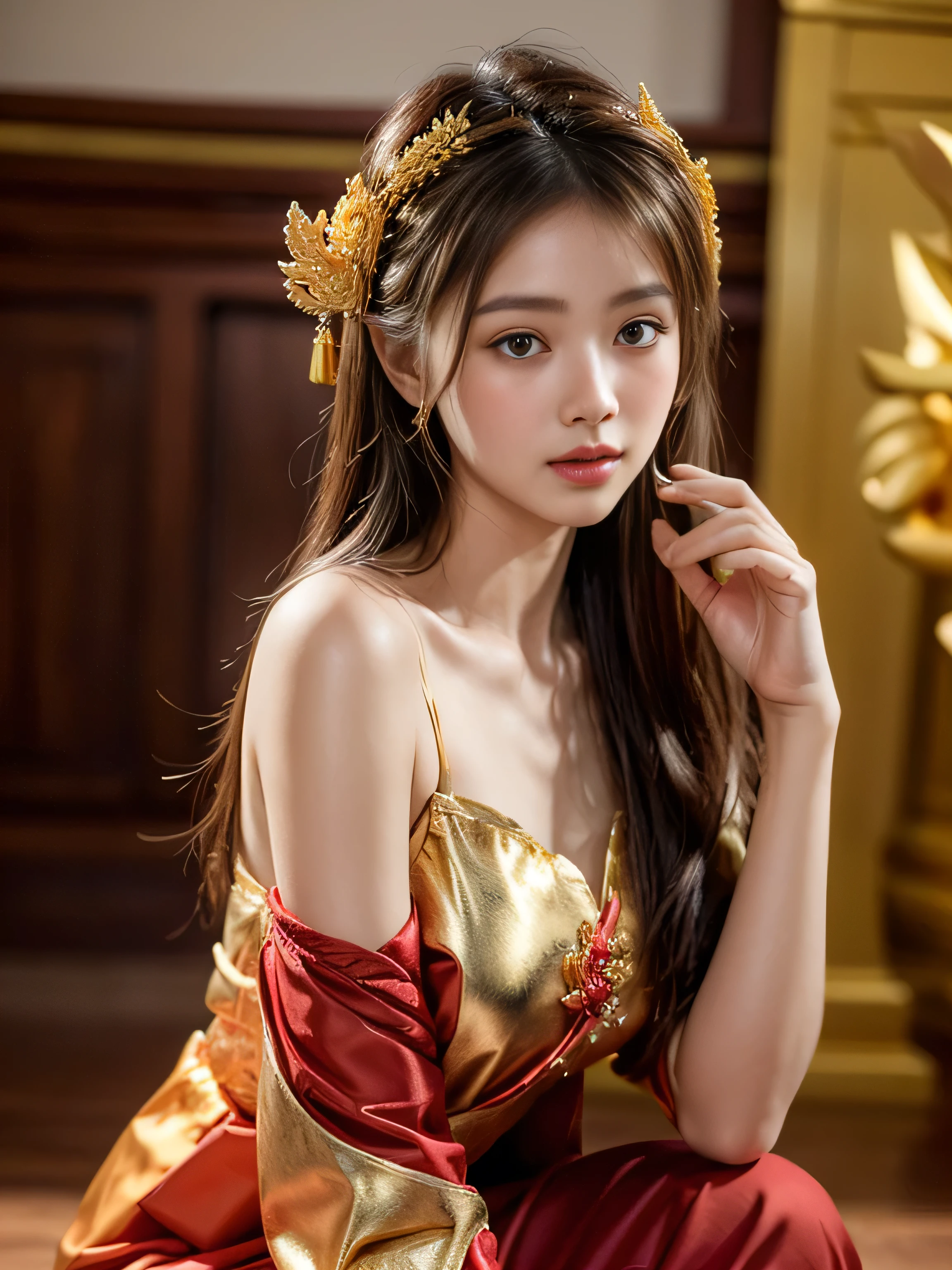 19 years old , (wearing a golden and red Thai traditional clothing:1.3), big round breast, ((traditional thai hairstyle:1.2)), (photorealistic:1.2), (ultra realistic:1.3), (very detailed:1.1), ((masterpiece)), (Hand Details:1.4), (blush:1.3), (shy:1.3), (Chaing Mai Wat Phra Singh :1.3), depth of field, first person view.
