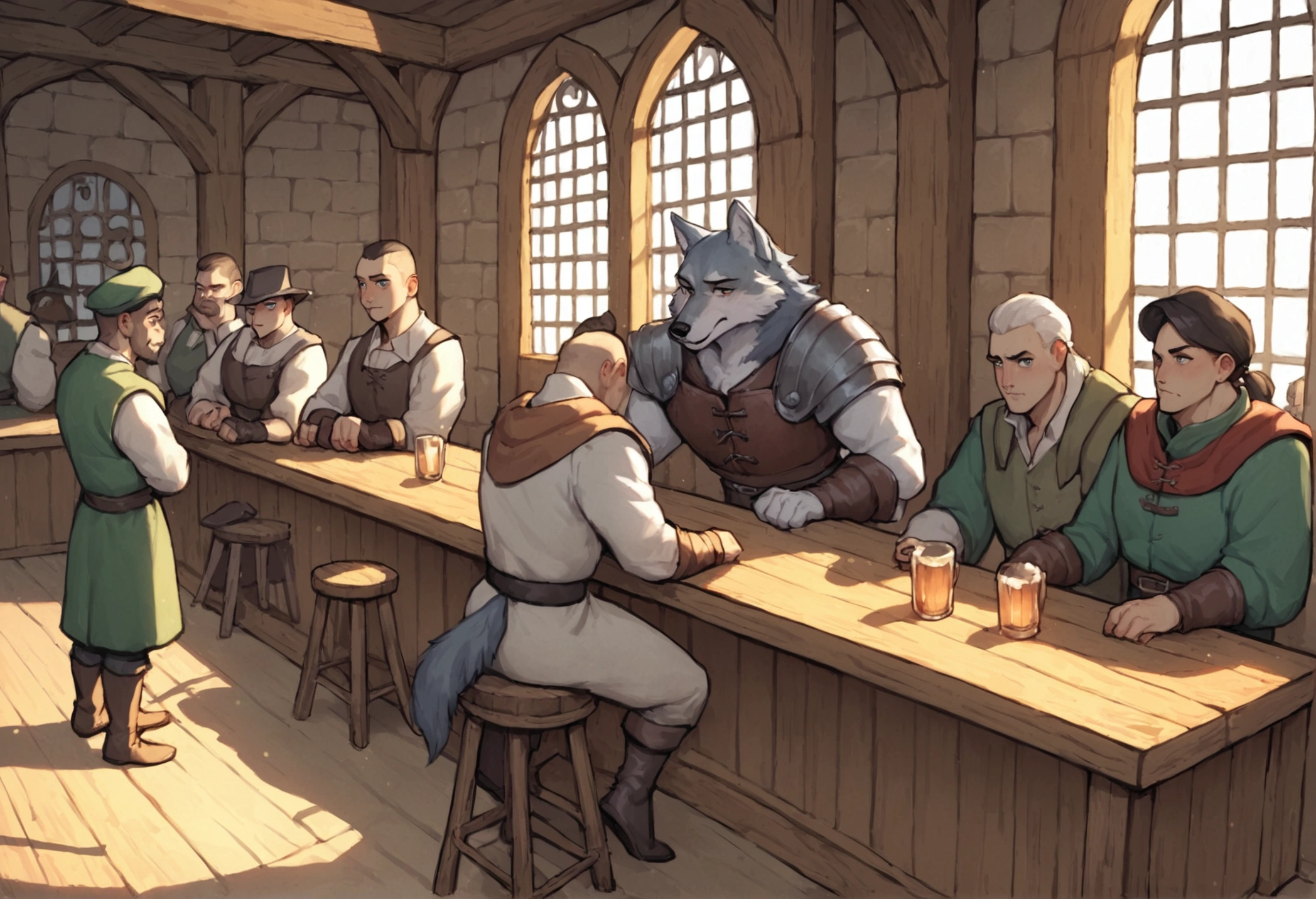 score_9,score_8_up,score_7_up, score_6_up, score_5_up,source_anime, scenery, a bar, medieval tavern, it’s busy, full of people, in a medieval tavern bar, sketchy weird bar, soldiers and criminals at the bar, indoors, dark and creepy tavern, wolf men soldiers at the bar, from above 