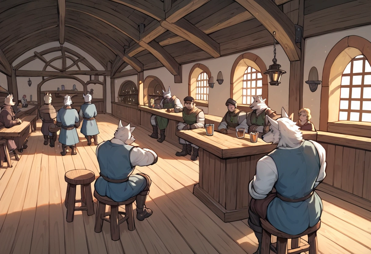 score_9,score_8_up,score_7_up, score_6_up, score_5_up,source_anime, scenery, a bar, medieval tavern, it’s busy, full of people, in a medieval tavern bar, sketchy weird bar, soldiers and criminals at the bar, indoors, dark and creepy tavern, wolf men soldiers at the bar, from above 