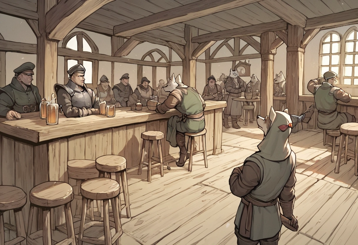 score_9,score_8_up,score_7_up, score_6_up, score_5_up,source_anime, scenery, a bar, medieval tavern, it’s busy, full of people, in a medieval tavern bar, sketchy weird bar, soldiers and criminals at the bar, indoors, dark and creepy tavern, wolf men soldiers at the bar, from above