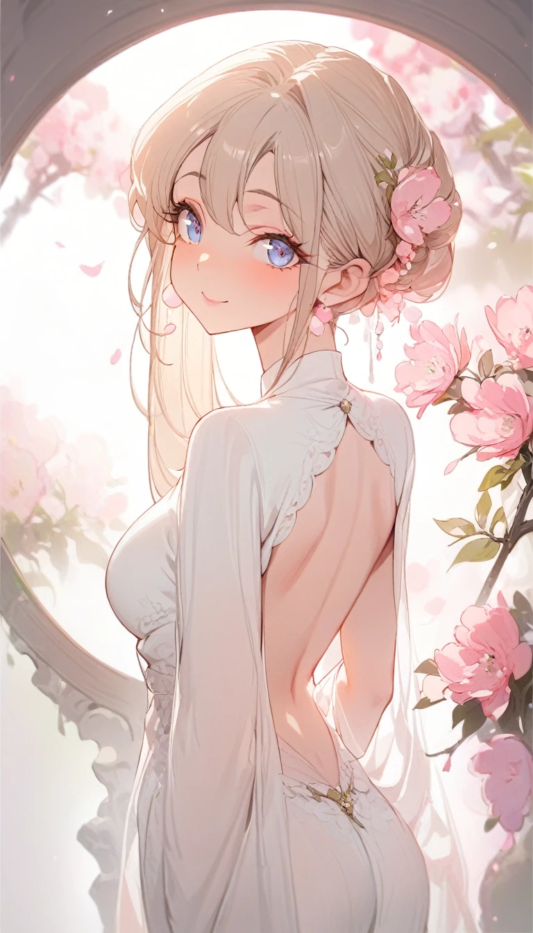 (masterpiece, best quality:1.2), 1 girl, beautiful face, Round face, exquisite eyes, droopy eyes, middle age, back, looking back at camera, whole body, smile