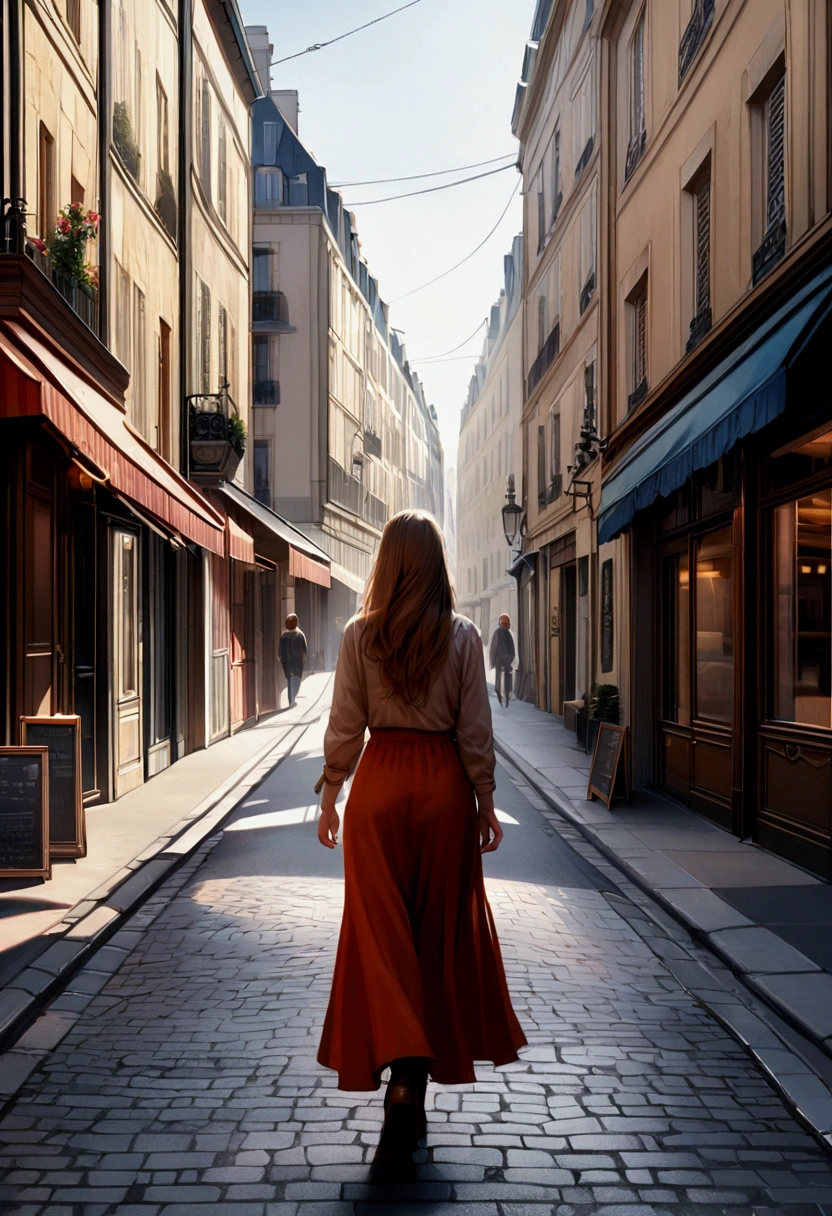photorealistic woman walking on a street in Paris, with the back to the camera