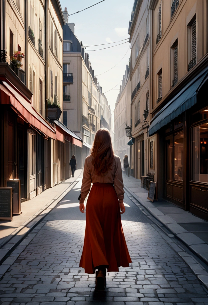 photorealistic woman walking on a street in Paris, with the back to the camera