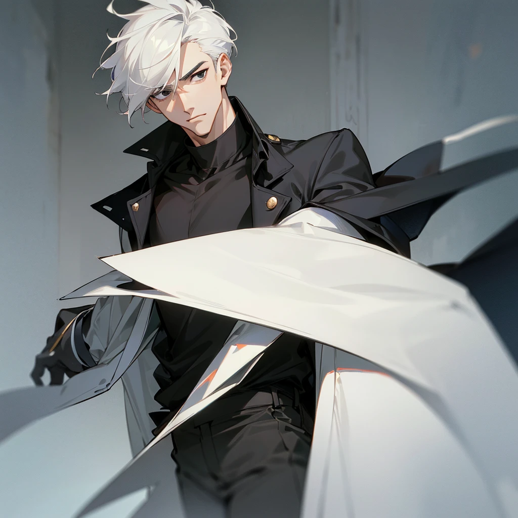 Handsome and masculine adult, with a gallant and elegant bearing, with short white hair, square face, Height of 1.90, black eyes and a calm look, dressed in a black t-shirt and a white trench coat on top