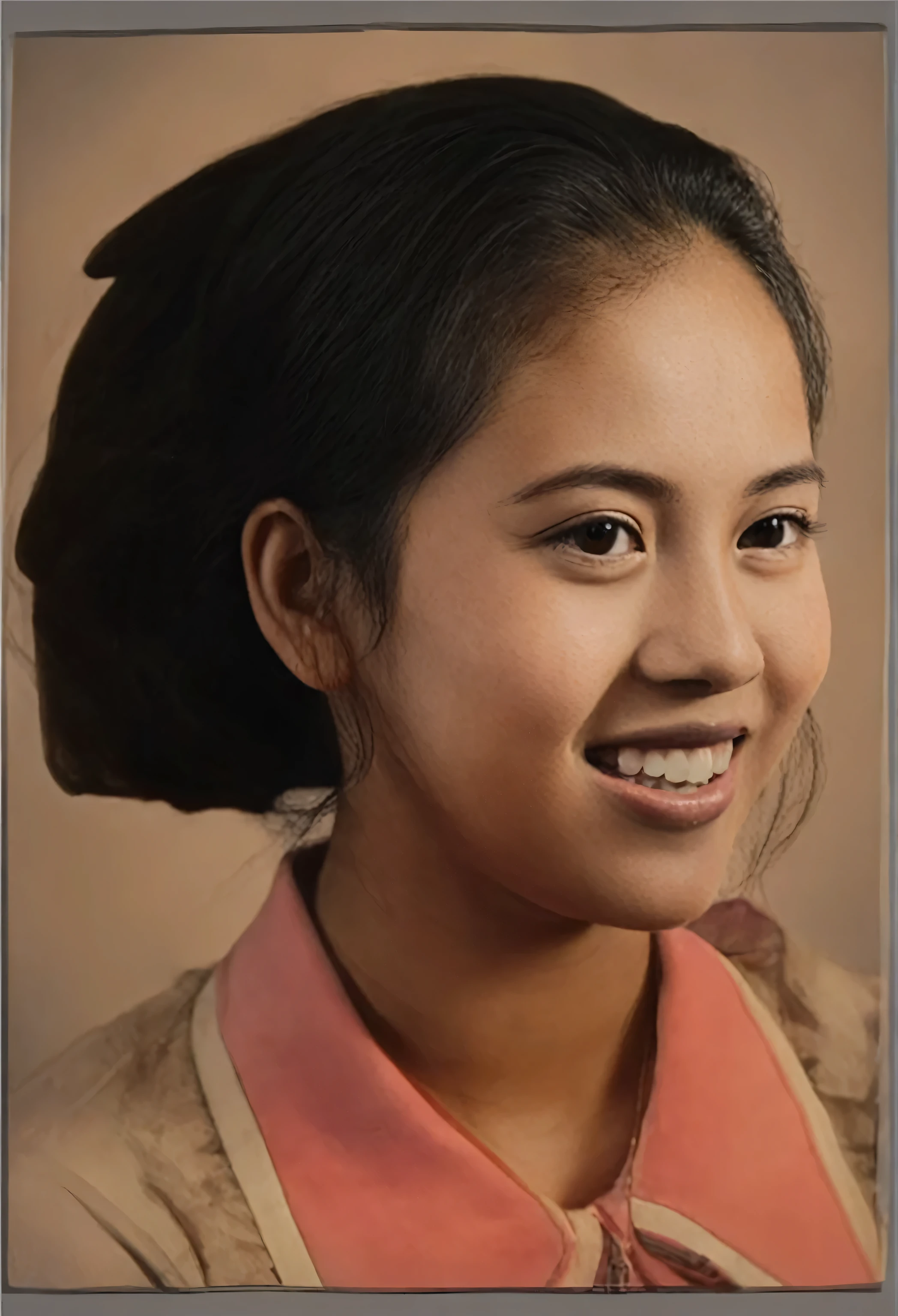 Indonesian woman with fair skin, sharp eyes, sweet little smile, black hair, restored photo, realistic photo, real
