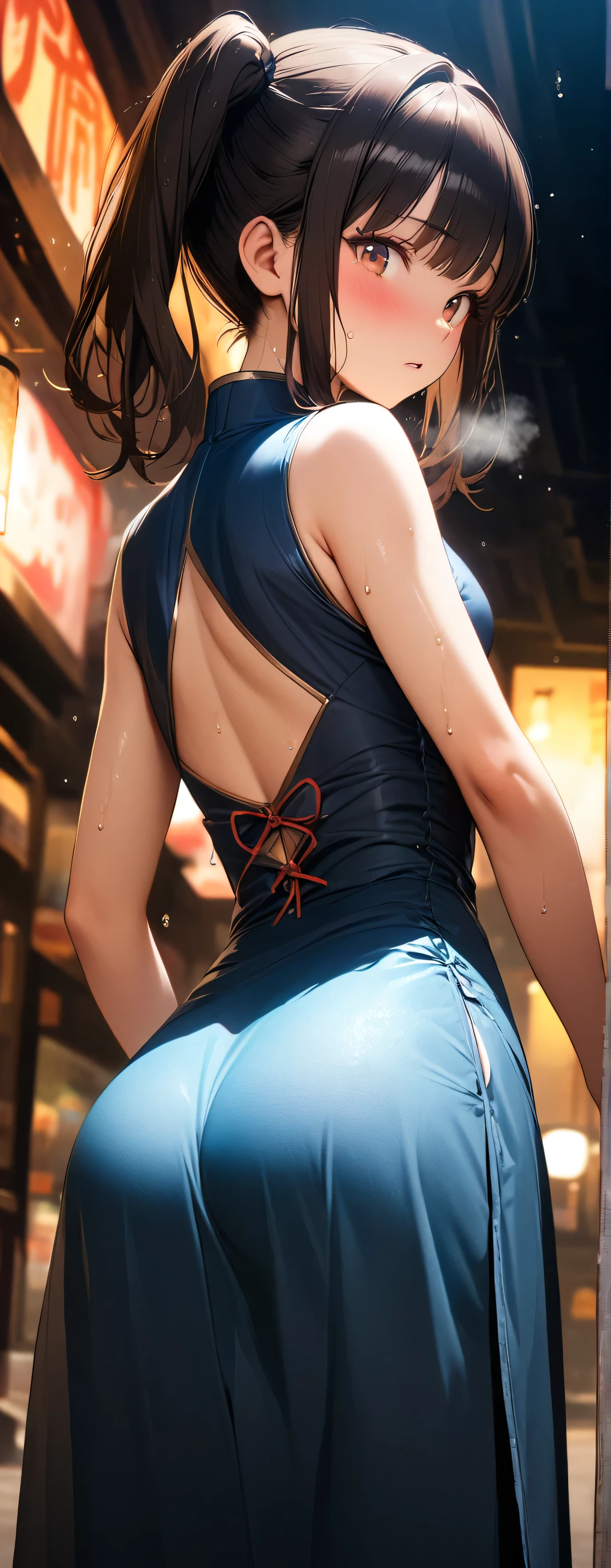 Twin tails、Highly detailed black cheongsam, Looks about 15 years old, (beautiful girl: 1.3),Highest quality,8k,Highly detailed CG unit wallpaper,masterpiece:1.2,top-quality,Ultra-high resolution,RAW Photos,real texture skin,Cinema Lighting,Embarrassing,blush, vapor,Wet,Sweat,Moist eyes,weak,Huge buildings,metropolis,The girl is a delivery girl who delivers Chinese food to customers.,,Steam from cooking,,,Big, round, beautifully shaped butt,,((Booty pose)),(from below:1.3),(looking down, watching at Viewer:1.3),((from behind:1.3)),((Gazing-into-the-Distance:1.3))