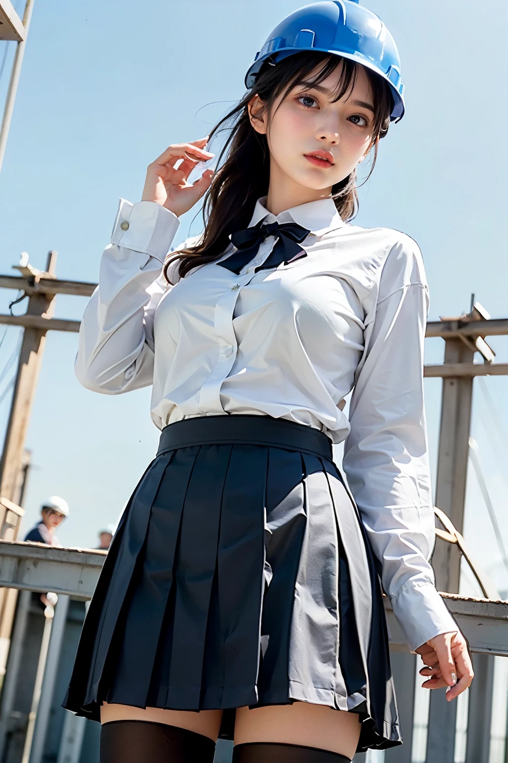 Masterpiece, bokeh, (Beautiful face), (Detailed face), (Japanese idle), (White work shirt:1.3), (Dark blue Pleated skirt:1.3), (Blushed face:1.3), (Plump breast:1.2), (Dynamic pose on Steel bridge in construction site:1.5), (Yellow helmet:1.2), (From below:1.5), (solo play:1.3)