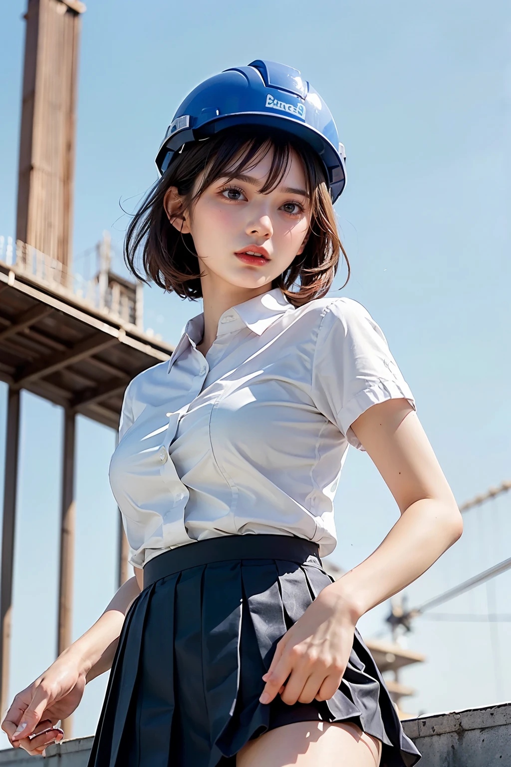 Masterpiece, bokeh, (Beautiful face), (Detailed face), (Japanese idle), (White work shirt:1.3), (Dark blue Pleated skirt:1.3), (Blushed face:1.3), (Plump breast:1.2), (Dynamic pose on Steel bridge in construction site:1.5), (Yellow helmet:1.2), (From below:1.5), (solo play:1.3)