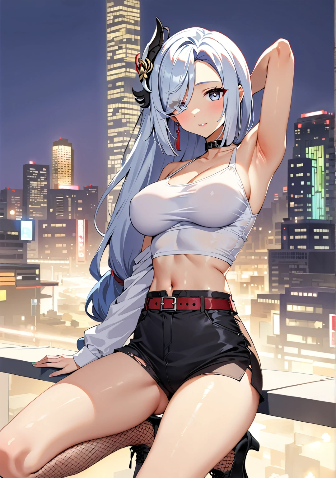 (highest quality:1.2, Very detailed, up to date, Vibrant, digital coloring, High Contrast, masterpiece:1.2, Best Quality, Best aesthetics), 1 gilr, solo, shenhe_\(genshin_impact\), long_hair, large breasts, hair_over_one_eye, hair_ornament, bangs, alternate costume, lipstick, Sexy crop top, long sleeve, off shoulder, white top, high-heel ankle boots, ripped shorts, black shorts, belt with chain, shiny red belt, fishnet pantyhose, choker, bewitching thighs, see-through navel, armpits, gleaming, skin-tight, shiny skin, chest outline, A city with no one, End of the World, Ruined City, Dark color palette.