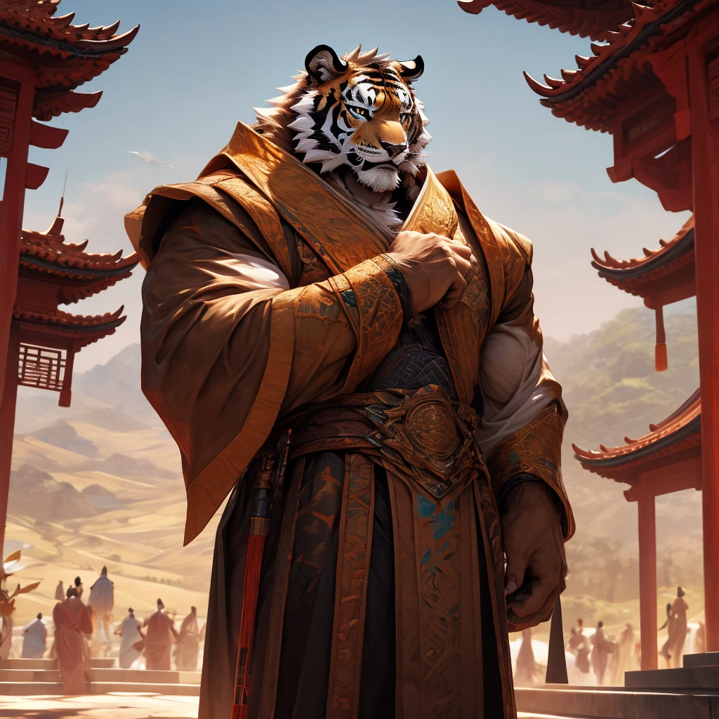 a muscular tiger in a long robe, standing on a floating island in the sky, a taoist monastery in the background, traditional chinese architecture, wuxia, fantasy, cinematic lighting, dramatic pose, (best quality,4K,8k,highres,masterpiece:1.2),ultra-detailed,(realistic,photorealistic,photo-realistic:1.37)Muscular tiger holding a sword,The background is the magnificent family lobby
