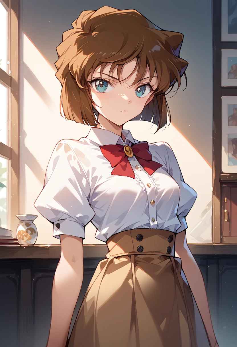 masterpiece,High resolution,Highest quality,8k(Detective Conan,ai haibara)
(***************,,Small breasts,Short,Brown Hair,short hair)
(White blouse,Brown Gored Skirt)