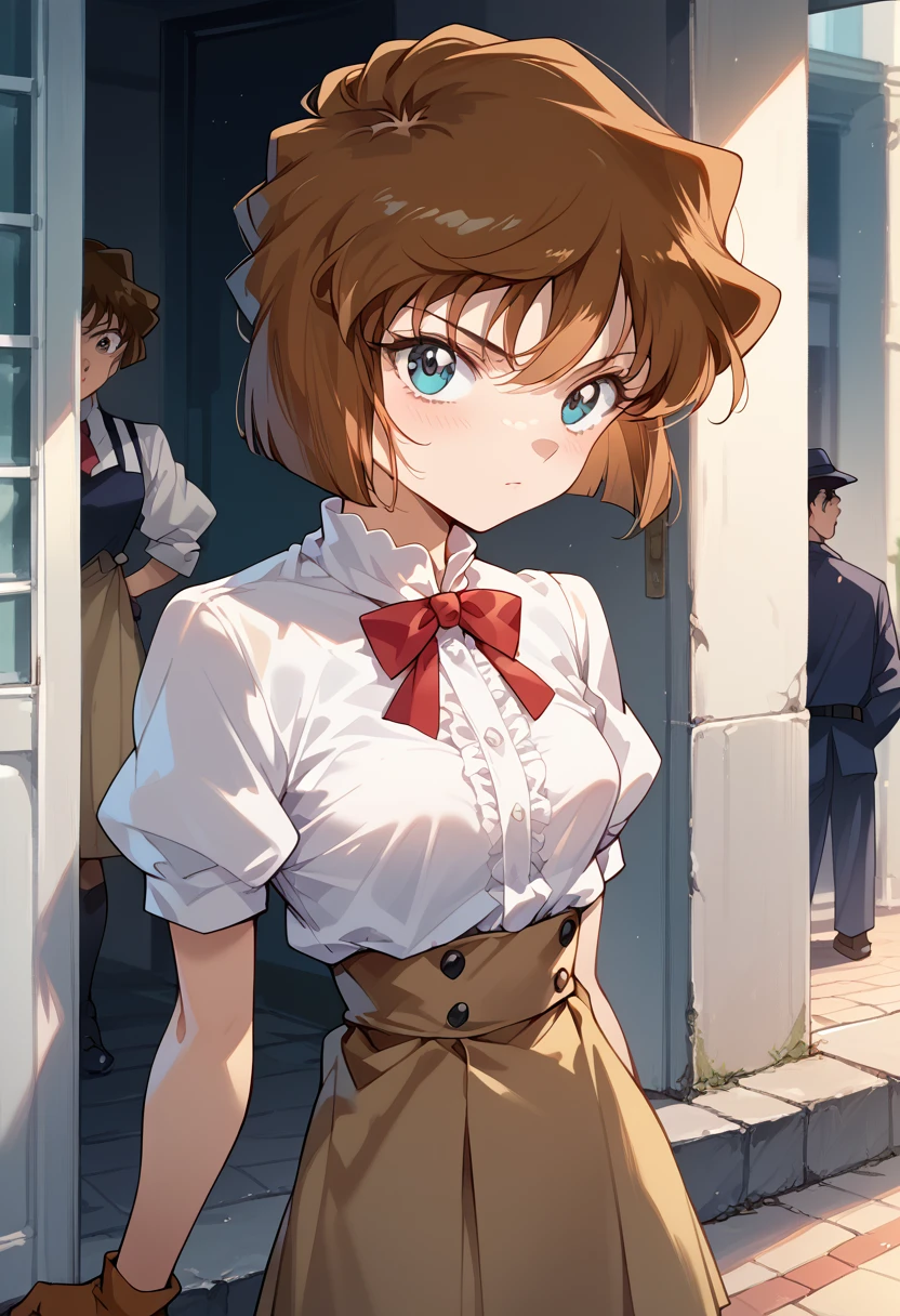 masterpiece,High resolution,Highest quality,8k(Detective Conan,ai haibara)
(***************,,Small breasts,Short,Brown Hair,short hair)
(White blouse,Brown Gored Skirt)