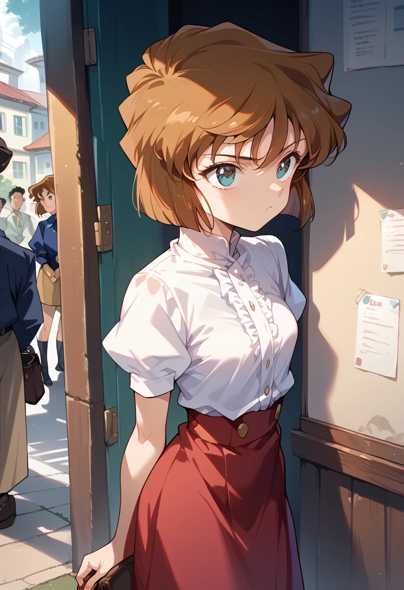 masterpiece,High resolution,Highest quality,8k(Detective Conan,ai haibara)
(***************,,Small breasts,Short,Brown Hair,short hair)
(White blouse,Brown Gored Skirt)