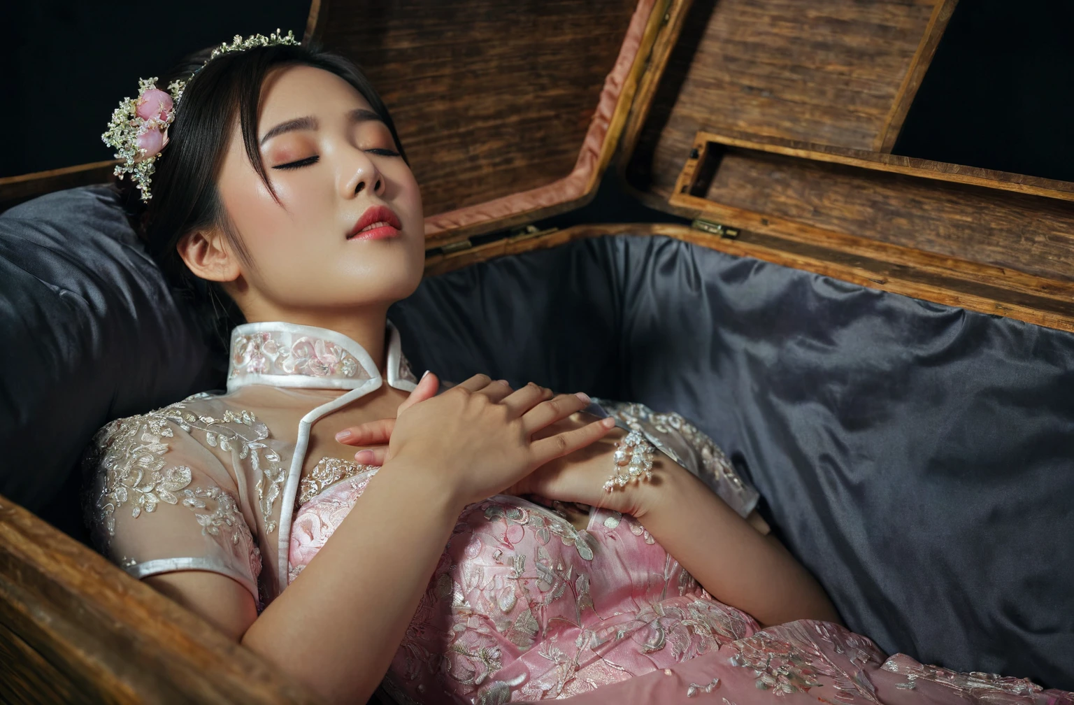 In a striking 8K HDR scene, a stunning Korean woman, 22 years old, lies peacefully in a coffin and coffin cover surrounded by plush pillows behind head. The deep box is set against a rich black background, accentuating the beauty of the subject. Her exquisite deep-V neckline kebaya attire is embroidered with superb detail, showcasing her round and firm breasts, perfect cleavage, and beautiful eyebrows. Her closed eyes and mouth give an air of serenity, while her visible and absolute cleavage leave nothing to imagination. The scene is bathed in saturated colors, highlighting every intricate aspect from the ball skirt to her clean face, straight body, detailed hand perfect hands, straight body, own hands together, own hand on stomach, detailed hands, perfect hands, holding the flowers.