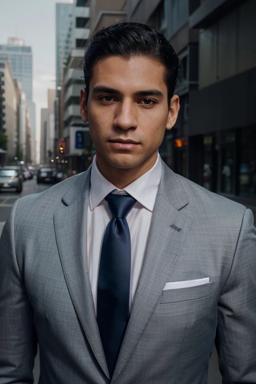"Create four ultra-realistic photographs of the same 30-year-old Latino man with the following characteristics:
Full athletic body
Fair (white) skin tone
Straight, short hair
Light green eyes that are highly expressive
Well-defined mouth
Face that conveys security and determination
Each photograph should feature the avatar in different formal and modern clothing outfits:
First Photograph: The avatar is wearing a tailored navy blue suit with a crisp white dress shirt and a matching tie.
Second Photograph: The avatar is dressed in a sleek charcoal gray blazer, a light blue dress shirt, and no tie.
Third Photograph: The avatar is sporting a modern black suit with a dark purple dress shirt and a silver tie.
Fourth Photograph: The avatar is in a stylish light gray suit with a white dress shirt and a light pink tie.
Ensure all photographs maintain the same facial features and expressions, focusing on the avatar's security and determination. The clothing should be formal, modern, and well-fitted to highlight his athletic build."