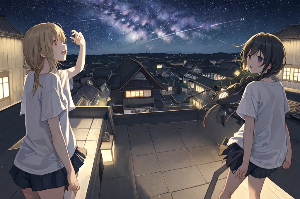 The rooftop of a dark school with the lights off、summer night、Starry Sky、milky way、Shooting star, several girls{T-Shirts、Shorts}is looking up at the night sky。