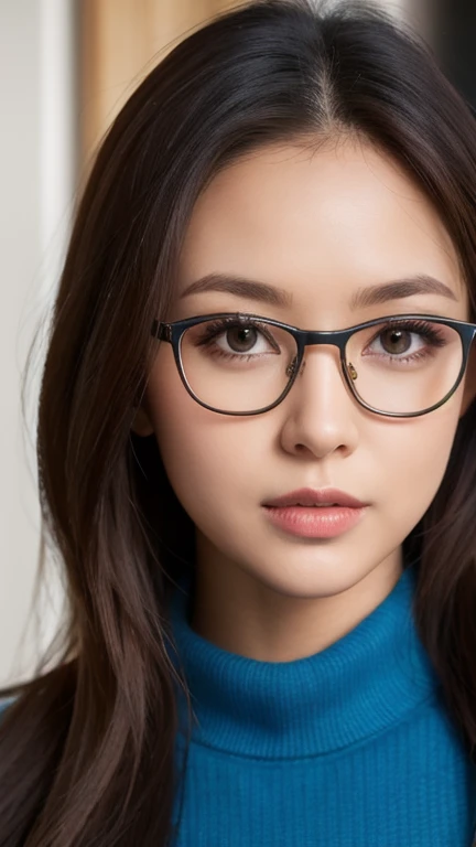 (masterpiece:1.2, highest quality), (Realistic, photoRealistic:1.4), Beautiful illustrations, (Natural Side Lighting, Cinema Lighting), Written boundary depth, Beautiful thighs staring at the viewer, (((Face Focus, Upper Body))), 1 female, 30-year-old, alone, thin, slender, small breasts!!!, Long Hair, straight Hair, Forehead, Forehead, Forehead, Forehead, thin, slender, glasses, vivid blue sweater, sexy pencil skirt, Are standing, ((Close-up)), ((Close-up)), ((Close-up))