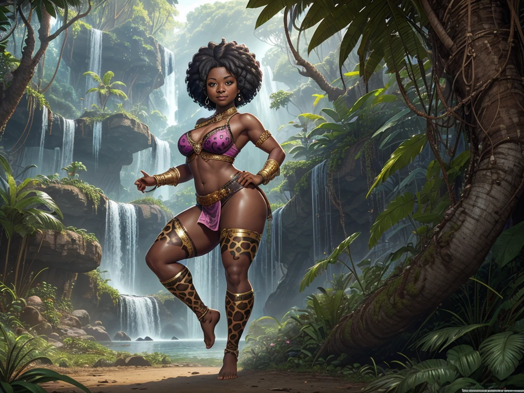 HD, dark skinned, young female, age 18, humanoid, honey, black afro hair, Jackie Parris, ((((Jackie Parris)))), full body cgsociety, 3d character art, full character body, detailed full body concept, stylized character, erotica, ((young girl, 1girl, age 18)), ((complex detailed background, jungle, outside)), erotica, full body, sexy, loincloth, barefoot, wide hips, jungle, thicc body, thicc, chubby, wide hips, small breasts, amazon, action pose, single character, pink leopard print, waterfall, smiling
